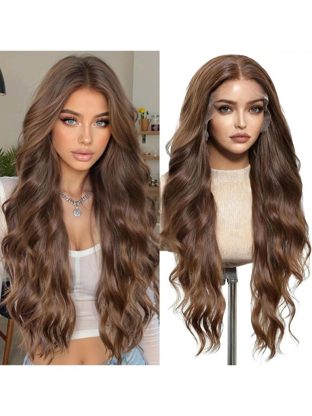 Long Wavy Lace Front Wig 28 Inch Caramel Brown Highlights, Natural Look Hair
